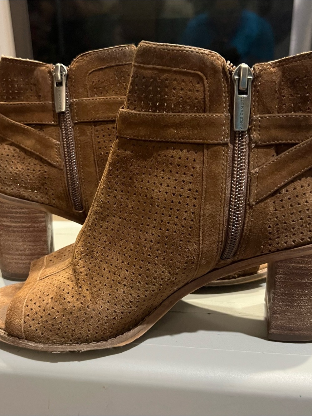 Vince Camuto Brown Perforated Suede Ankle Booties with Side Zip